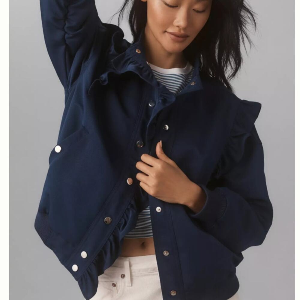 Maeve Anthropologie Navy Ruffle Button Front Bomber Jacket Size Small - Picture 2 of 7